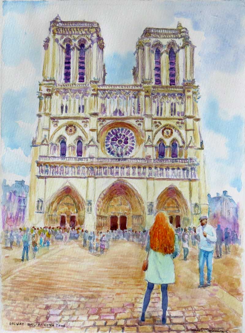 'Galway Girl Notre Dame, Paris' watercolour 30 x 40cm