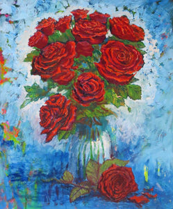 'Red Roses in Vase' oils on Canvas,  46 x 61 cm,
